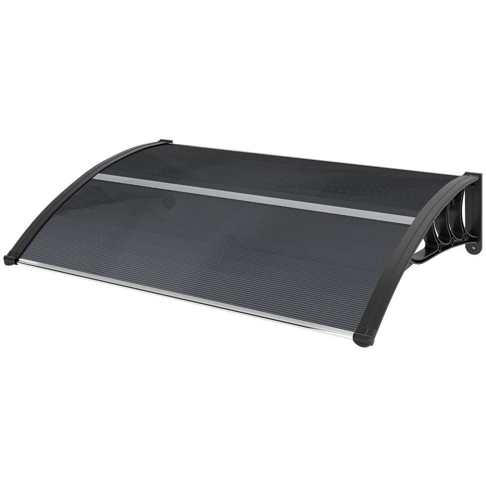 OUTSUNNY Auvent marquise de porte design voûté arrondi dim. 100L x 75l x 23H cm alu polycarbonate fumé plastique noir – Aménagement du jardin