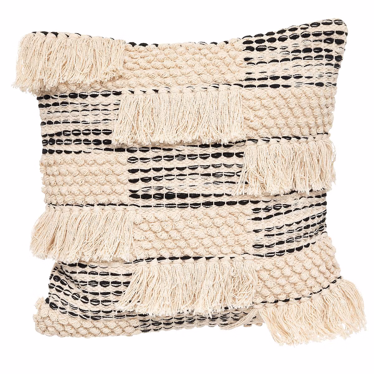 Coussin – motifs relief et franges, noir & blanc, coton 45 × 45 cm, Atmosphera