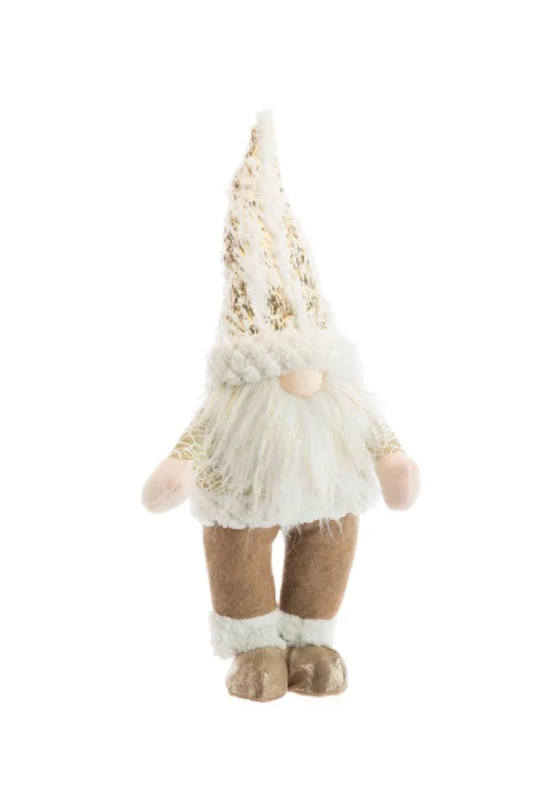 Gnome debout en tissu avec bonnet mordoré et chaussons dorés - 22 x 16 x 48 cm