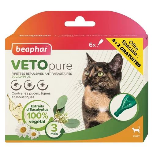 Pipettes antiparasitaires pour le chat coloris blanc VETOpure Beaphar – 6 x 1 ml dont 2 offertes