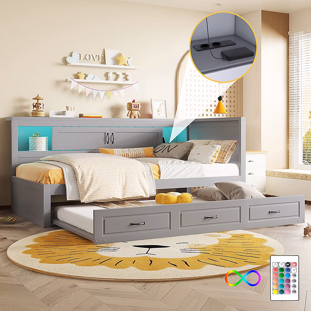 Canapé – lit 90 × 200cm LED télécommandé rangement prise/USB sans matelas gris