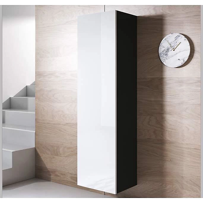 Armoire murale contemporaine brillante – Noir et blanc, 1 porte, 4 compartiments, 40 × 29 × 165 cm