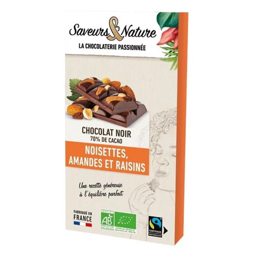 Chocolat noir mendiants amandes, noisettes et raisins bio Saveurs et Nature - 100 g