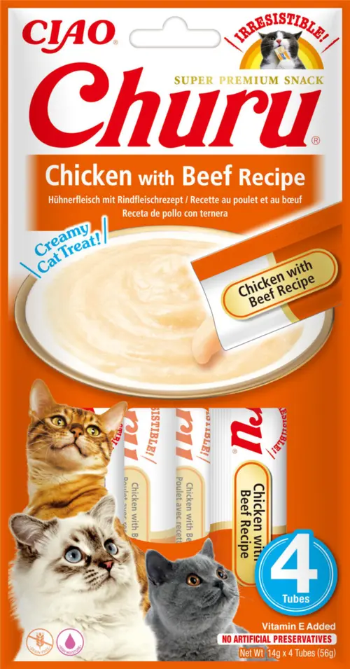Friandise en crème pour chat poulet et bœuf Inaba Ciao Churu - 4 x 14 g
