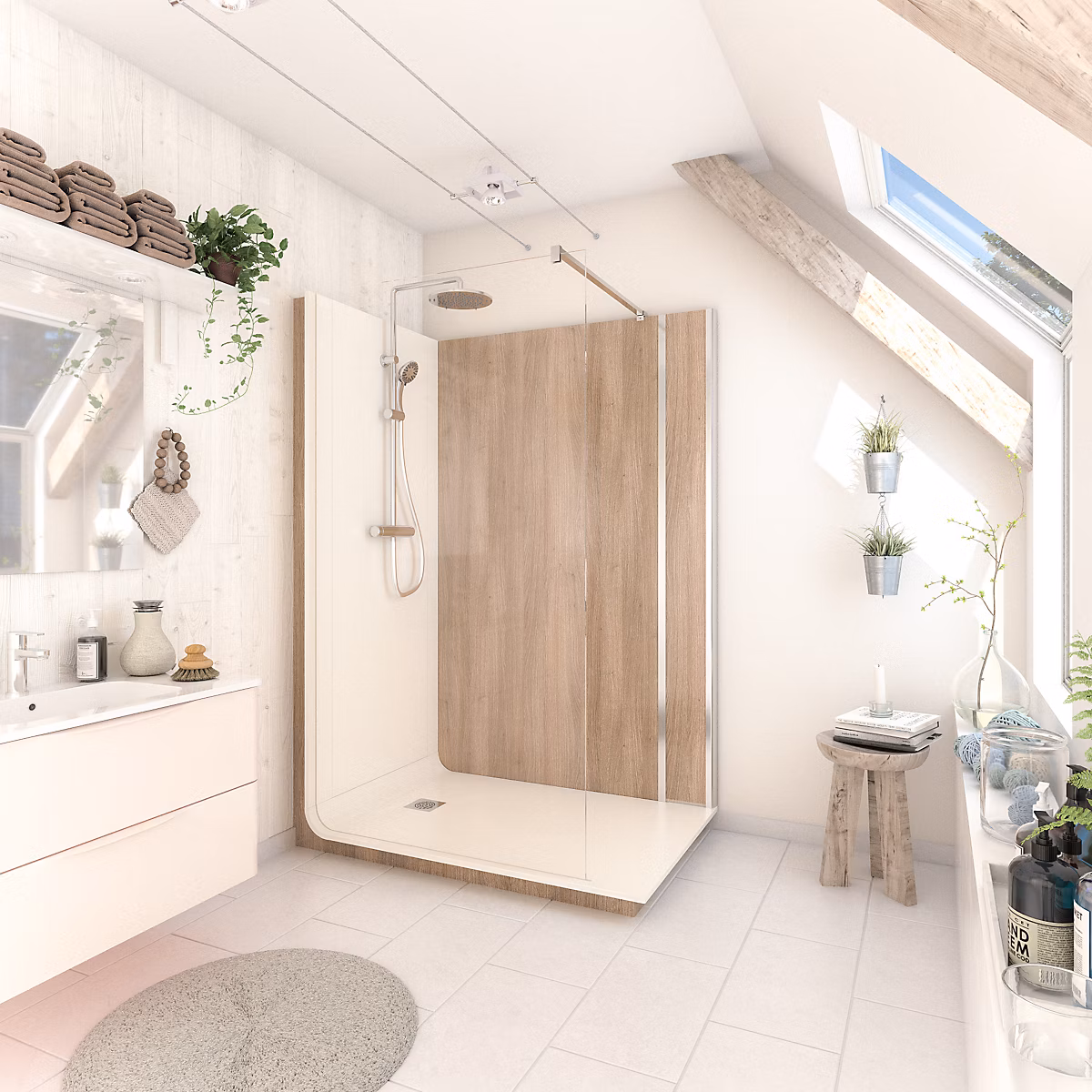 Cabine de douche à l’italienne l.90 x L.140 x H.218 cm – effet bois, receveur de plain, pied, Elmer Serenity