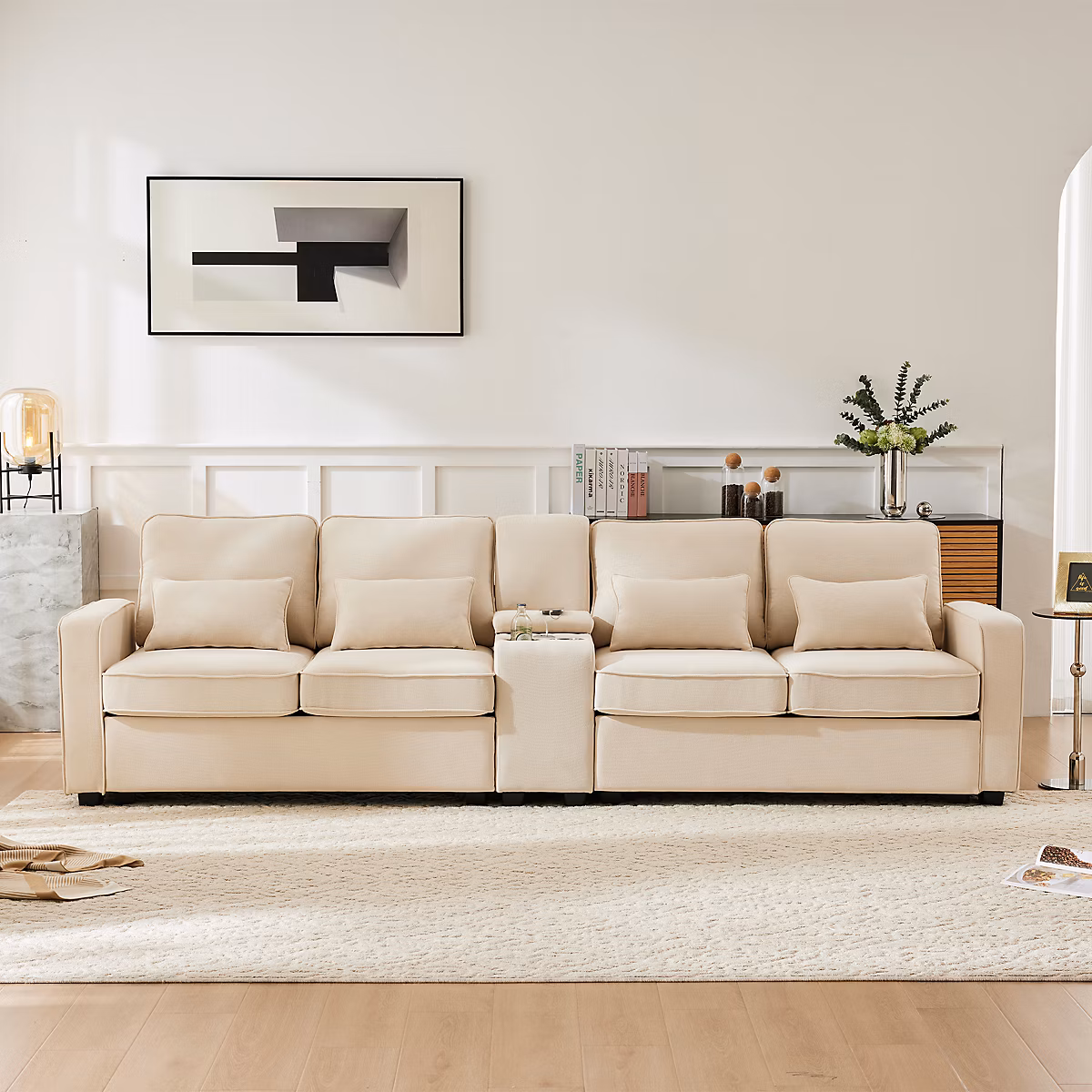 Canapé quatre places en lin console deux porte boissons deux ports USB poches accoudoirs quatre coussins salon bureau – Réf. UUTHQXVUM5660050192