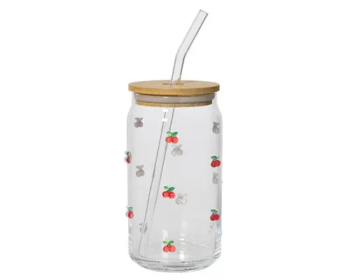 Verre à paille en verre transparent à motif cerises et couvercle - Ø 7,4 x H 14 cm