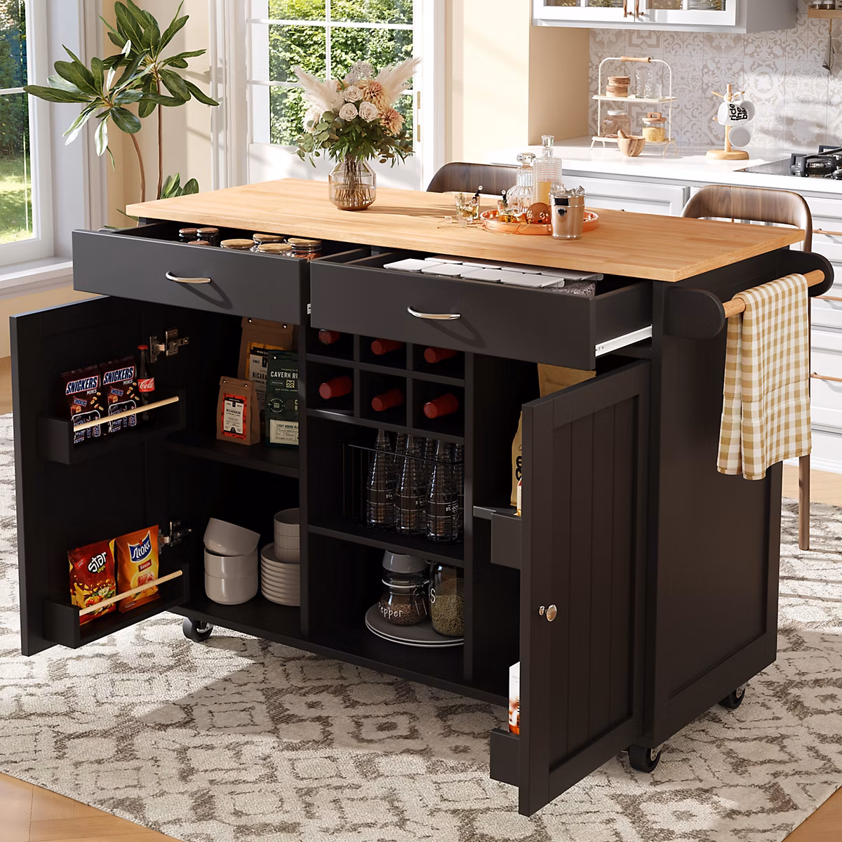 Îlot de Cuisine Moderne avec Rangements et Étagères – Desserte Multifonction en métal et MDF | 102 × 45 × 92 cm | Noir