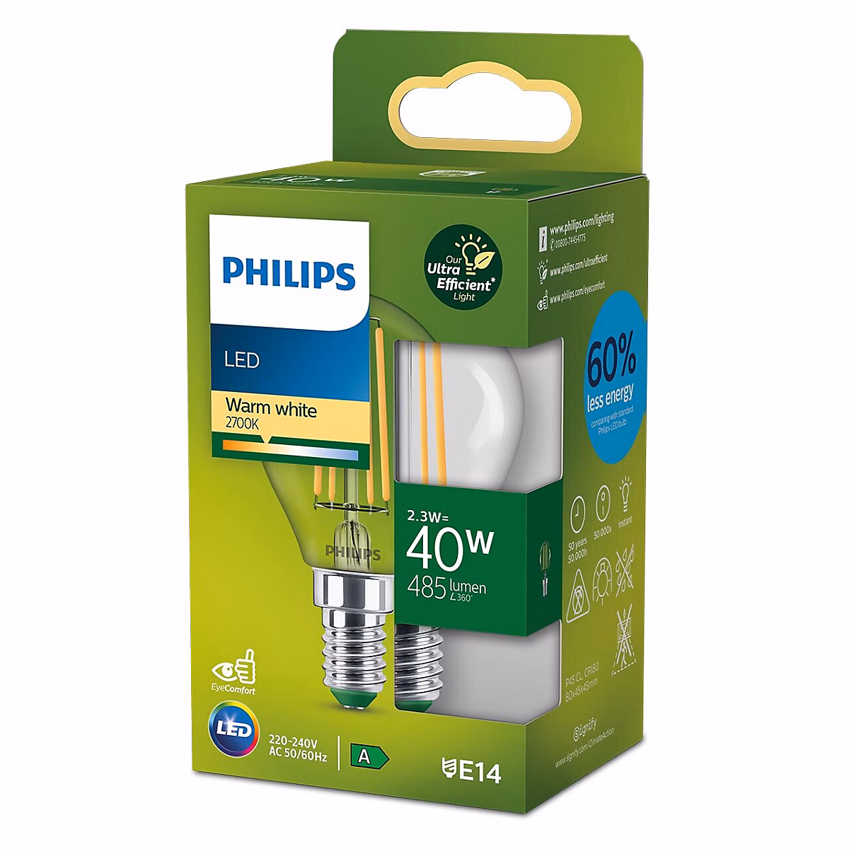 Ampoule LED globe UltraEfficient filament transparante E14 485lm 2.3W = 40W IP20 blanc froid Philips | Ampoule