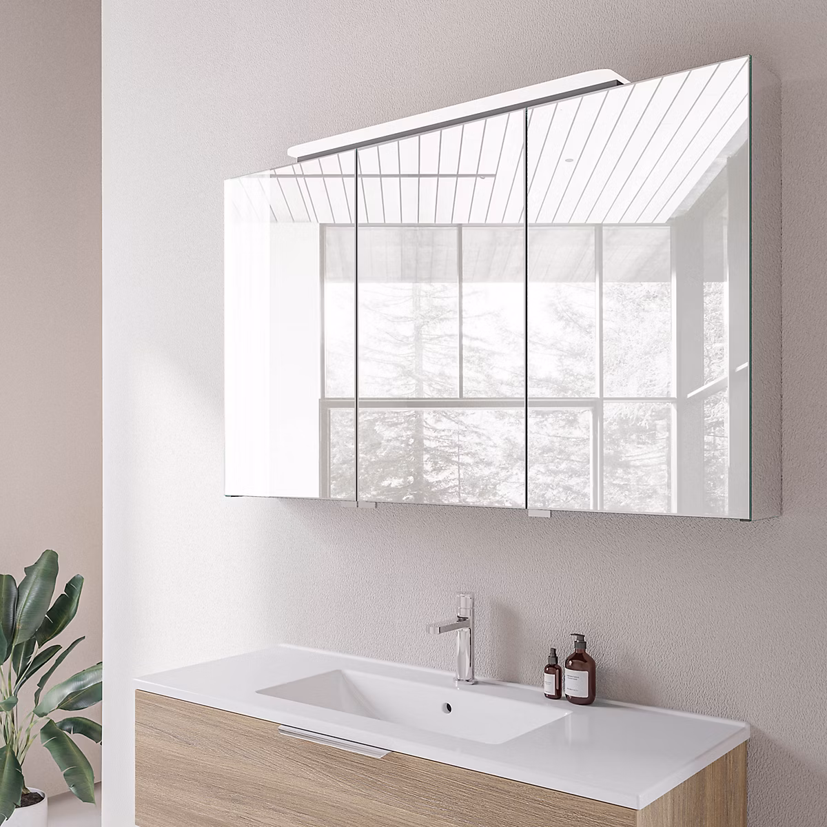 Amoire de toilette suspendue 120x19x72 – 5cm (LxPxH) | 3 portes mirroir | éclairage LED + prise électrique | Charnières mobiles | NEO