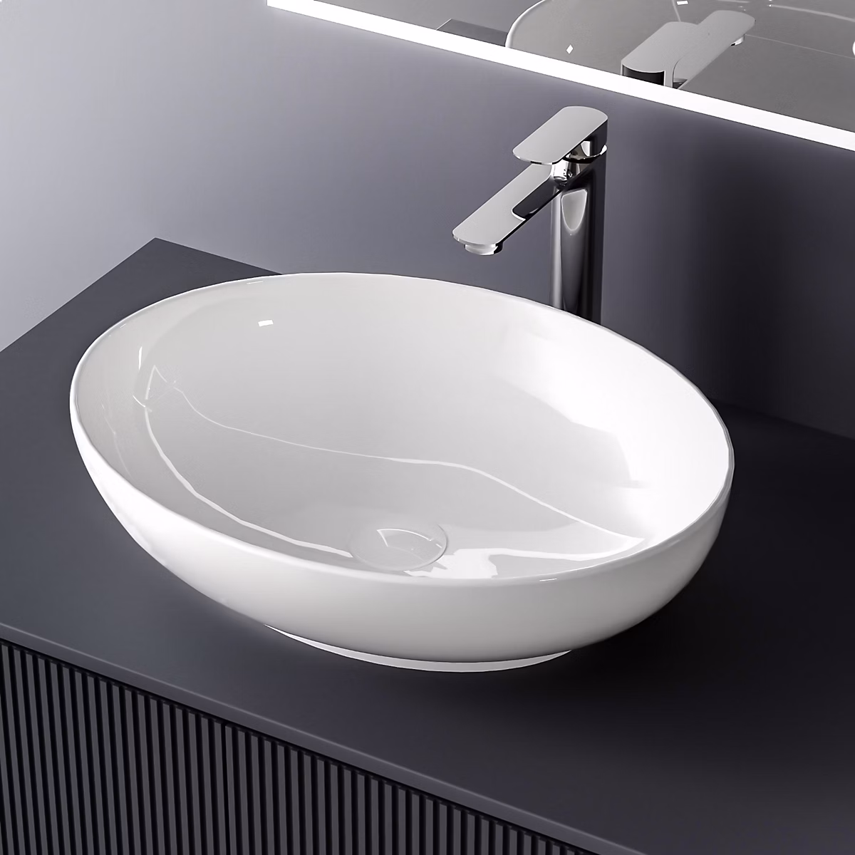 EMKE Vasque à Poser Ovale 520 × 395 × 130 mm – Lavabo de Salle de Bain en Céramique, Montage sur Comptoir, Blanc Brillant