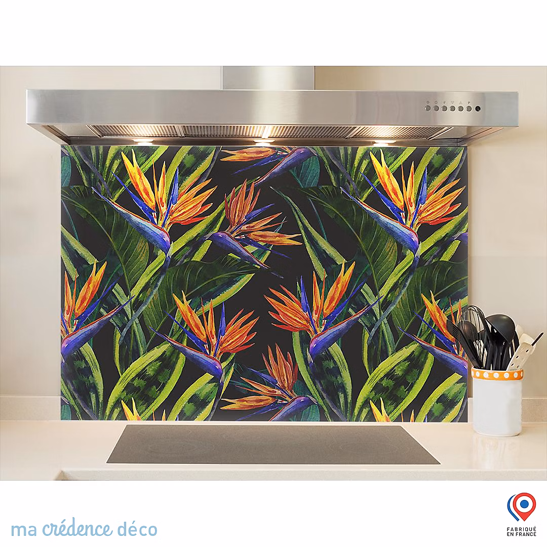 Crédence cuisine fond de hotte feuilles et fleurs tropicales 2 | Verre trempé – L 70 cm x H 60 cm – MaCrédenceDéco
