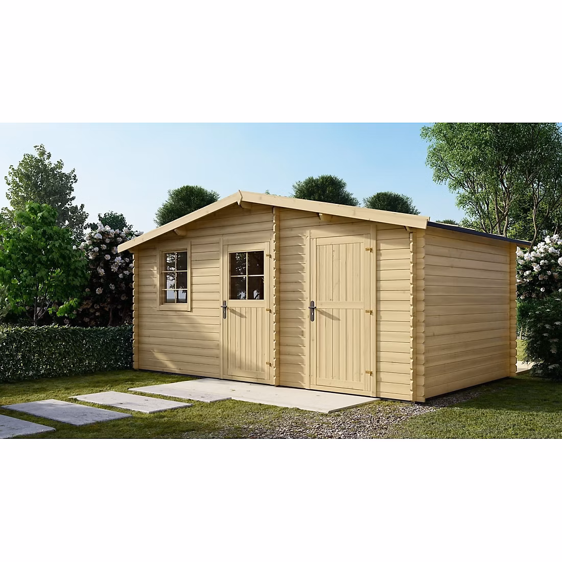 Abri de jardin en bois – 15m2, 5 × 3m, Ep. 28mm, Couleur: naturel, DOM578