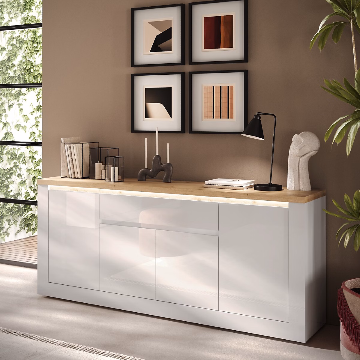 Buffet moderne 4 portes – 1tiroir laqué blanc et bois ARIA