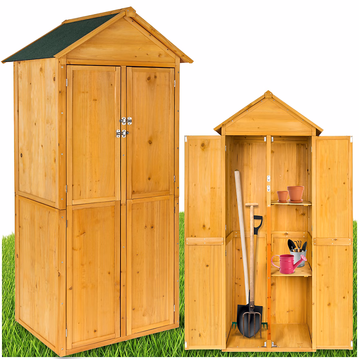 Armoire de jardin avec toit à deux pans en bois de pin imprégné marron – Réf. UKBYBTSAL2080629848