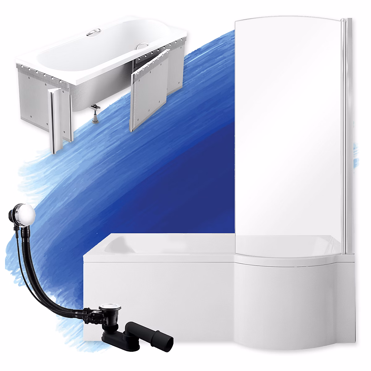 Baignoire rectangulaire 170 × 70 Droite INSPIRO acrylique blanc + Habillage en polystyrène + Pieds + Vidage à chromé