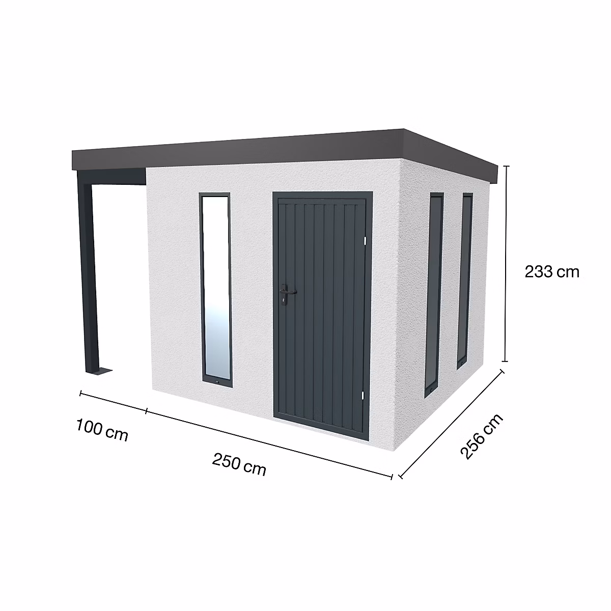 Abri de jardin en métal finition crépi 2500 × 2560 mm blanc avec auvent à gauche 1000 × 2560 mm anthracite