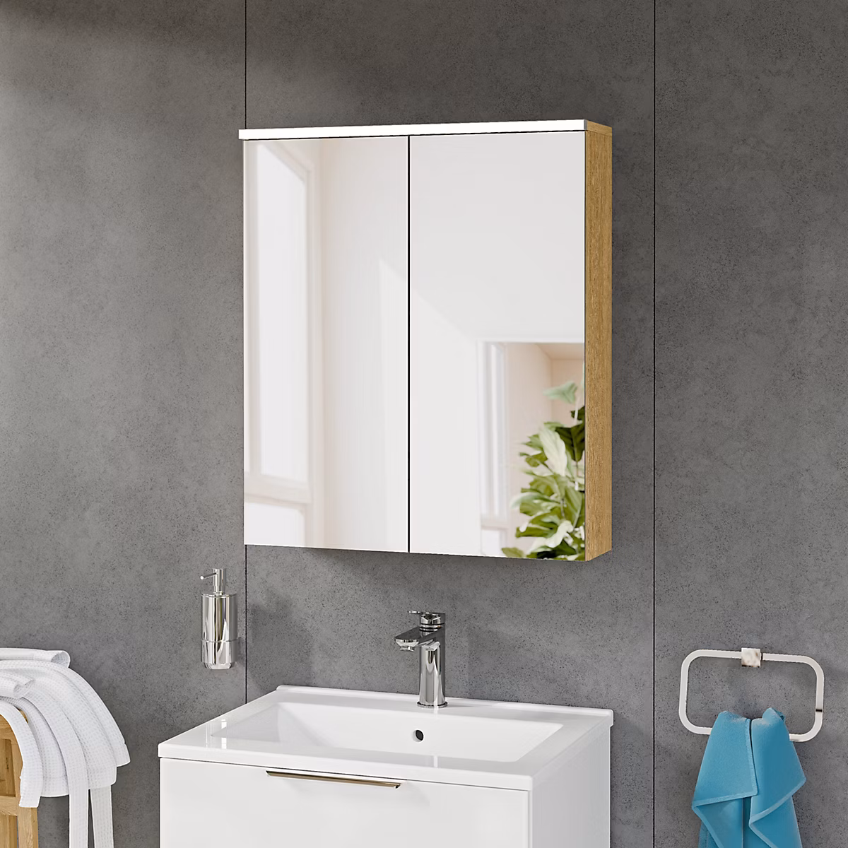 Armoire de toilette suspendue Chêne miel 60 × 18 × 70cm (LxPxH) 2 portes miroir – éclairage LED | tablettes en verre | SOLO