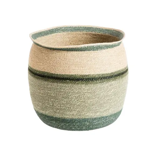 Panière ronde rayée vert/bleu/beige en osier moyen modèle - Ø 36 x H 32 cm