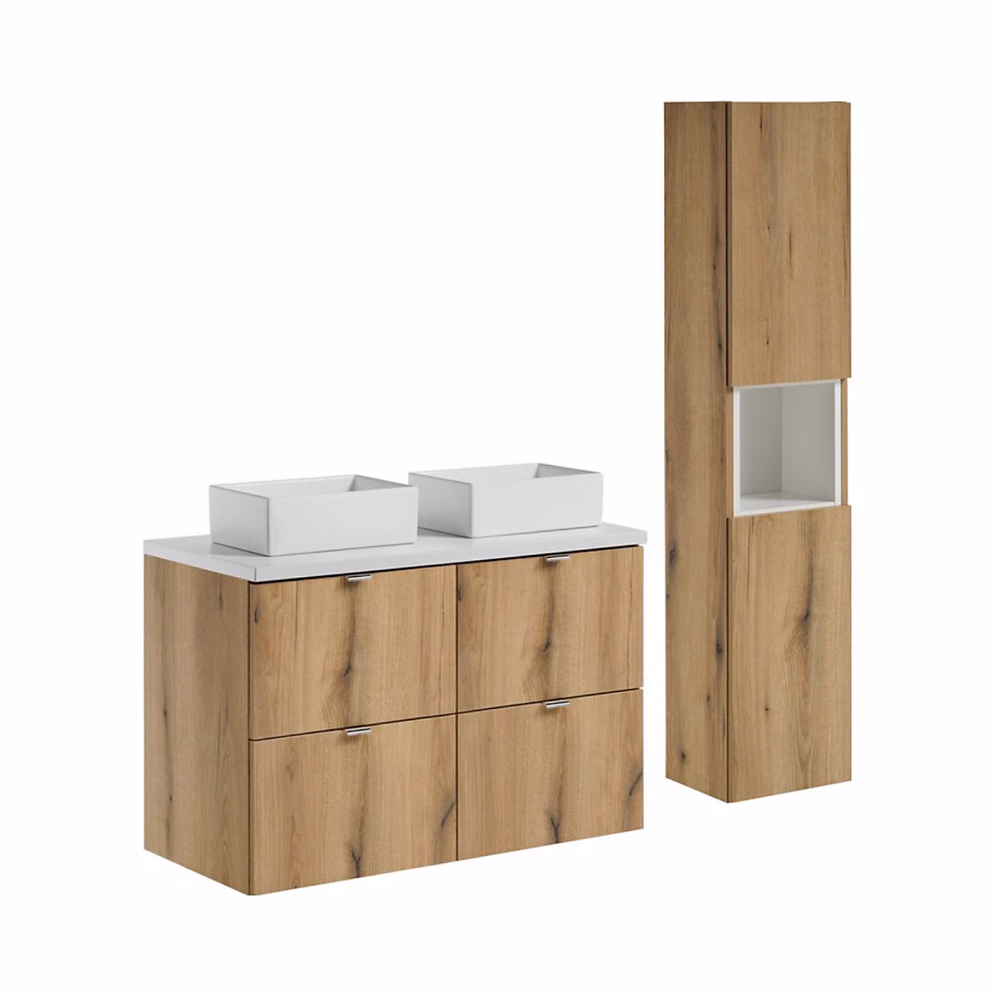 Ensemble VANO chene et blanc 130cm : meubles sous vasque à tiroirs et plan pour vasque et vasques à poser rectangulaires et colonn – Réf. TAQEZRPAA3415583964