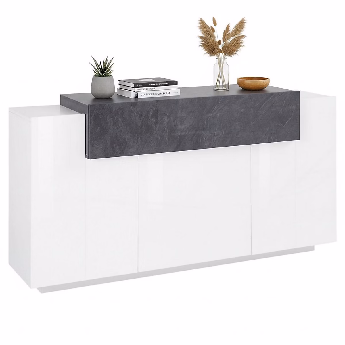 Buffet Aschly – Buffet de cuisine 3 portes | Buffet de salon | 100% Made in Italy | 160x45h86 cm | Blanc brillant et ardoise