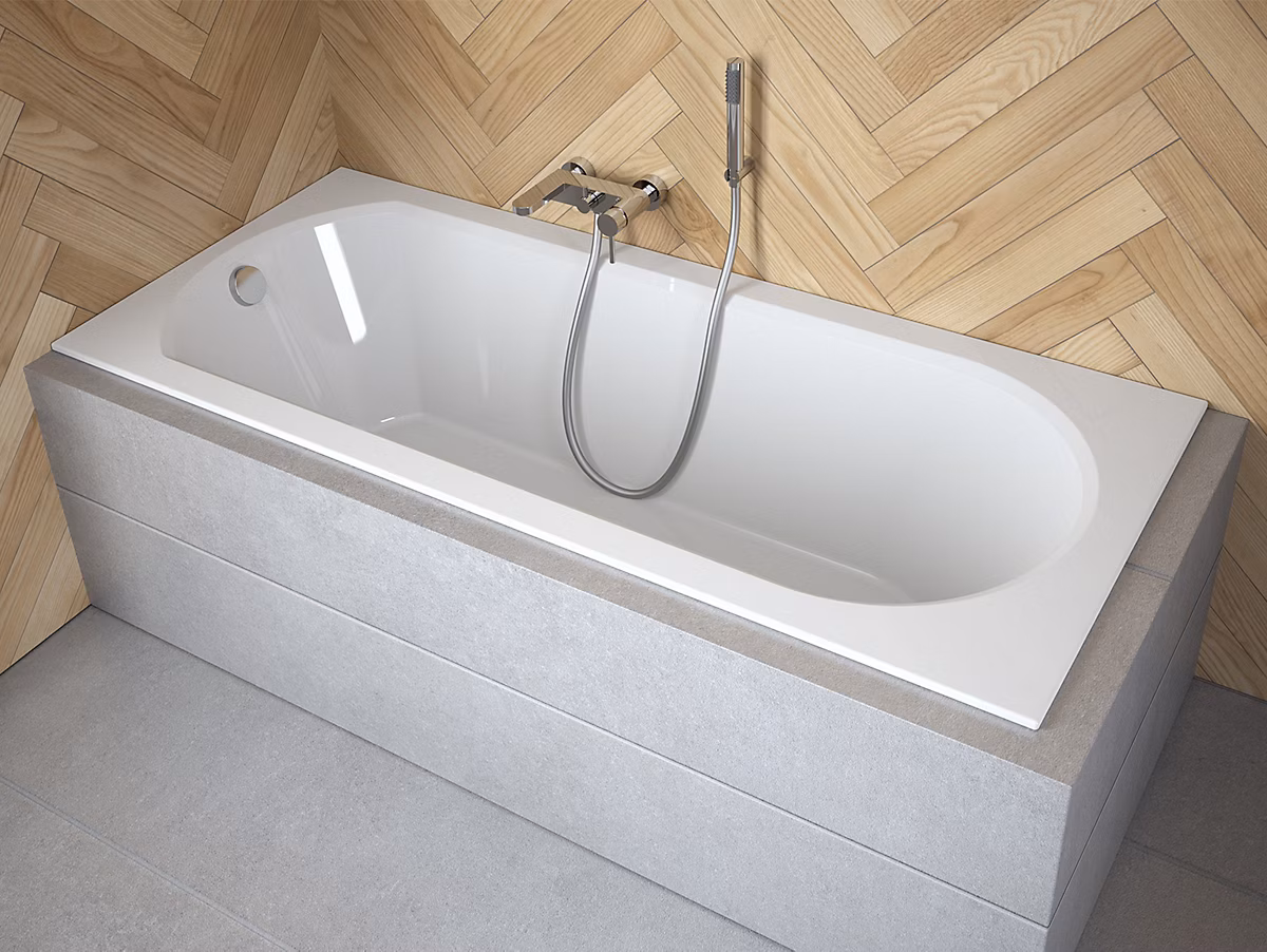 Baignoire rectangulaire 150 × 75 INTRICA SLIM acrylique blanc + Habillage en polystyrène + Pieds + Vidage à chromé