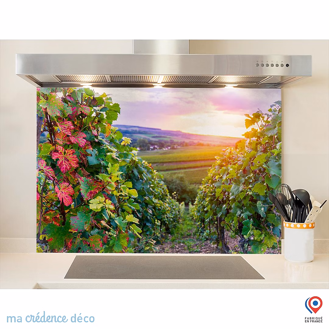 Crédence cuisine fond de hotte Vignobles – Verre trempé, L 90 cm x H 60 cm, MaCrédenceDéco
