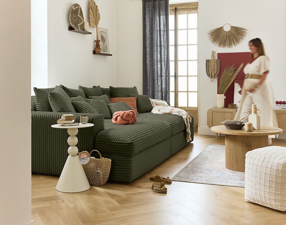 Collins – canapé droit 4 places avec double méridienne, assise profonde, velours côtelé grosses côtes, Lisa Design