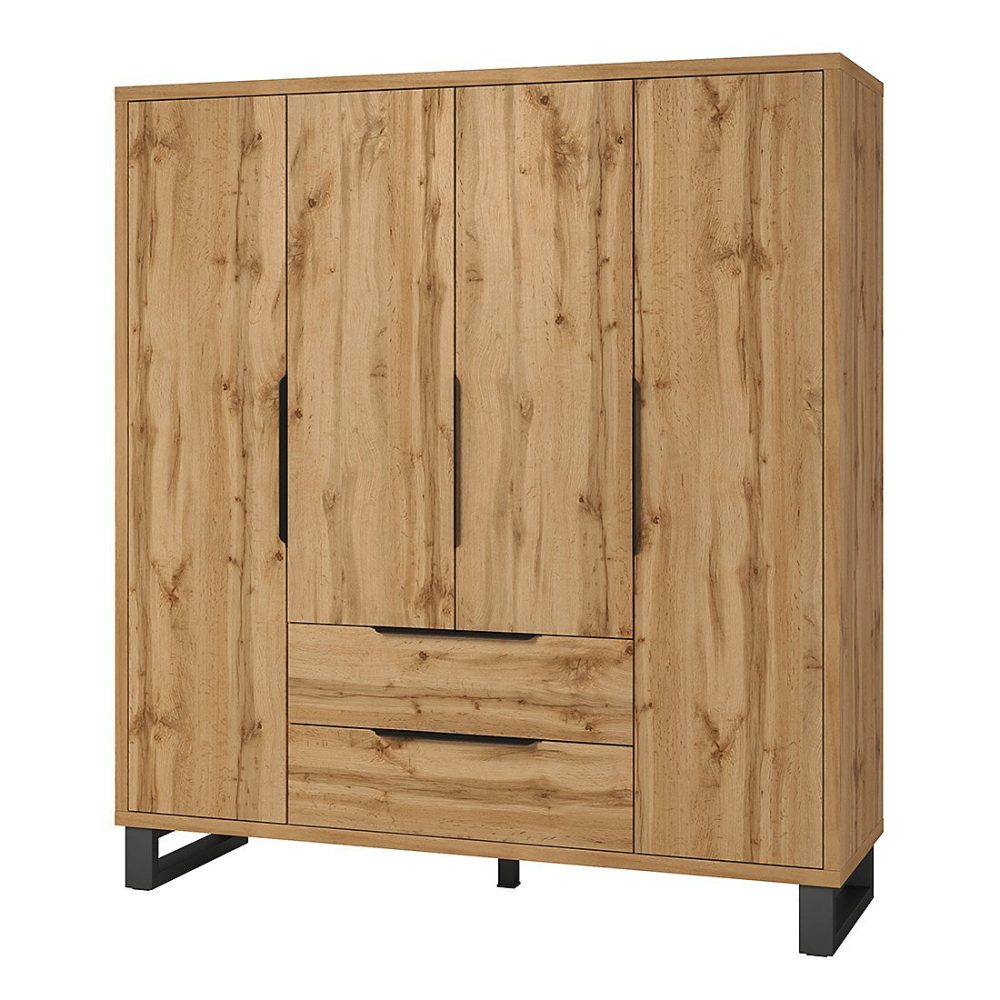 Armoire penderie – Armoire en bois style Scandinave 190cm avec 4 portes et 2 tiroirs couleur chene brut. Collection MILOS