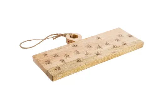 Planche rectangulaire en bois de manguier naturel avec décor abeilles - 38 x 20 x 3 cm