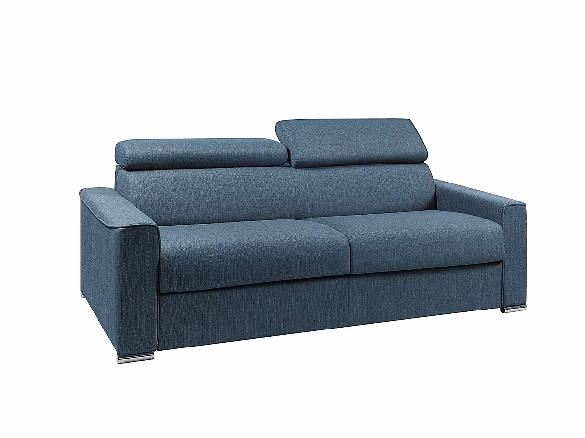 Canapé 4 places convertible express en tissu bleu – couchage lattes larges 160 cm | Matelas 22 cm avec mémoire de forme VIZIR