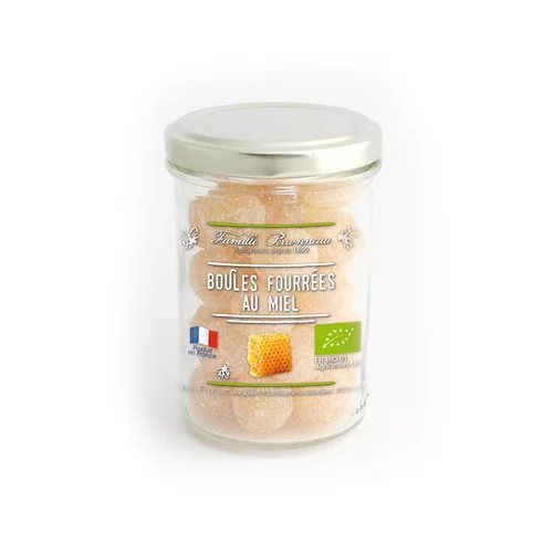 Bonbons bio en forme de boules fourrées au miel en pot de 150 g