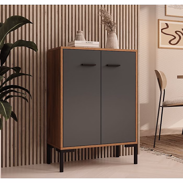 Buffet bas moderne – 2 portes métal, Mélamine mate, Noir/Gris, 60 × 84 × 30 cm