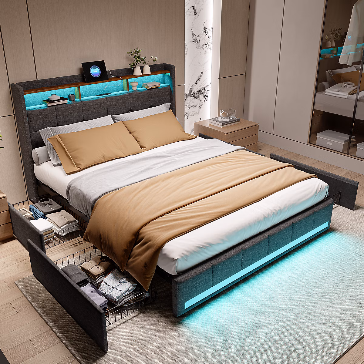 Cadre de lit 160 × 200 LED et 2 USB – Type-C, lit double rembourré avec 4 tiroirs, lin, gris