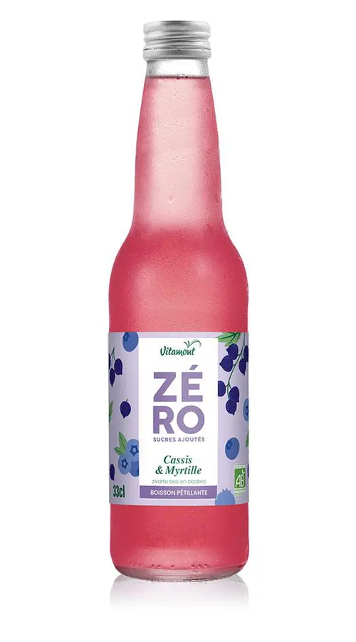 Boisson gazeuse bio Zéro sucres ajoutés cassis myrtille Vitamont – 33 cl