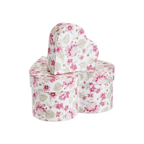 Boîtes forme cœur en papier à décor floral rose et gris - les 2 boîtes