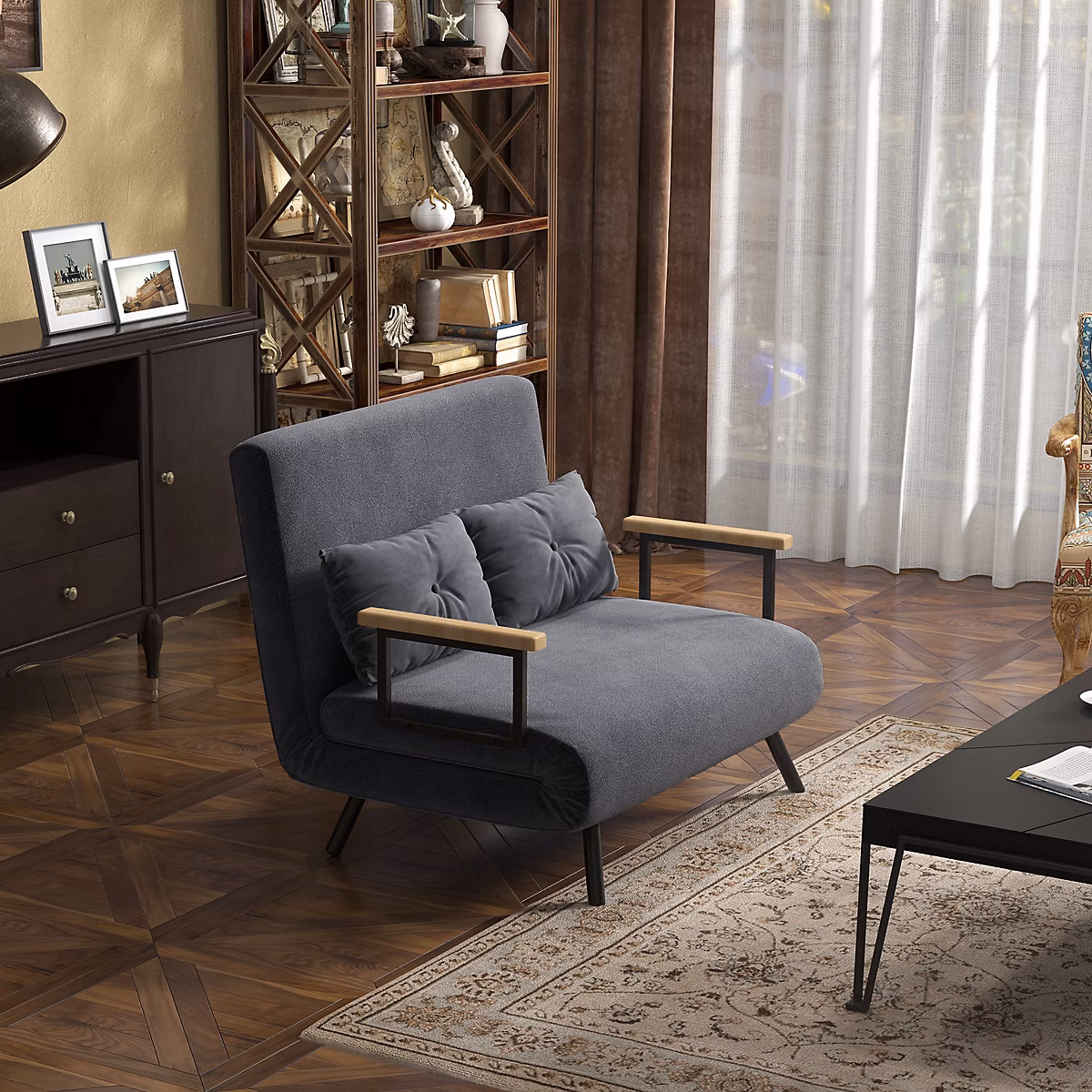 Canapé – lit en velours gris foncé avec coffre de rangement | coussins de dossier et design compact