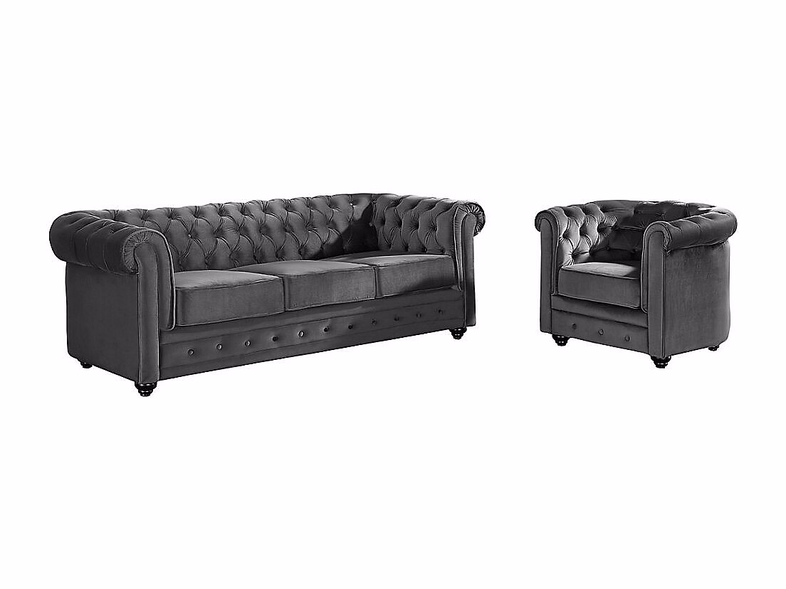 Canapé 3 places et fauteuil CHESTERFIELD – Velours anthracite