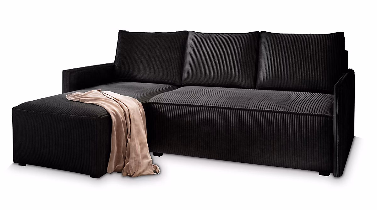 Canapé d'angle perusi noir en velours côtelé avec fonction de couchage – Réf. PFZXQBDPJ7037638031
