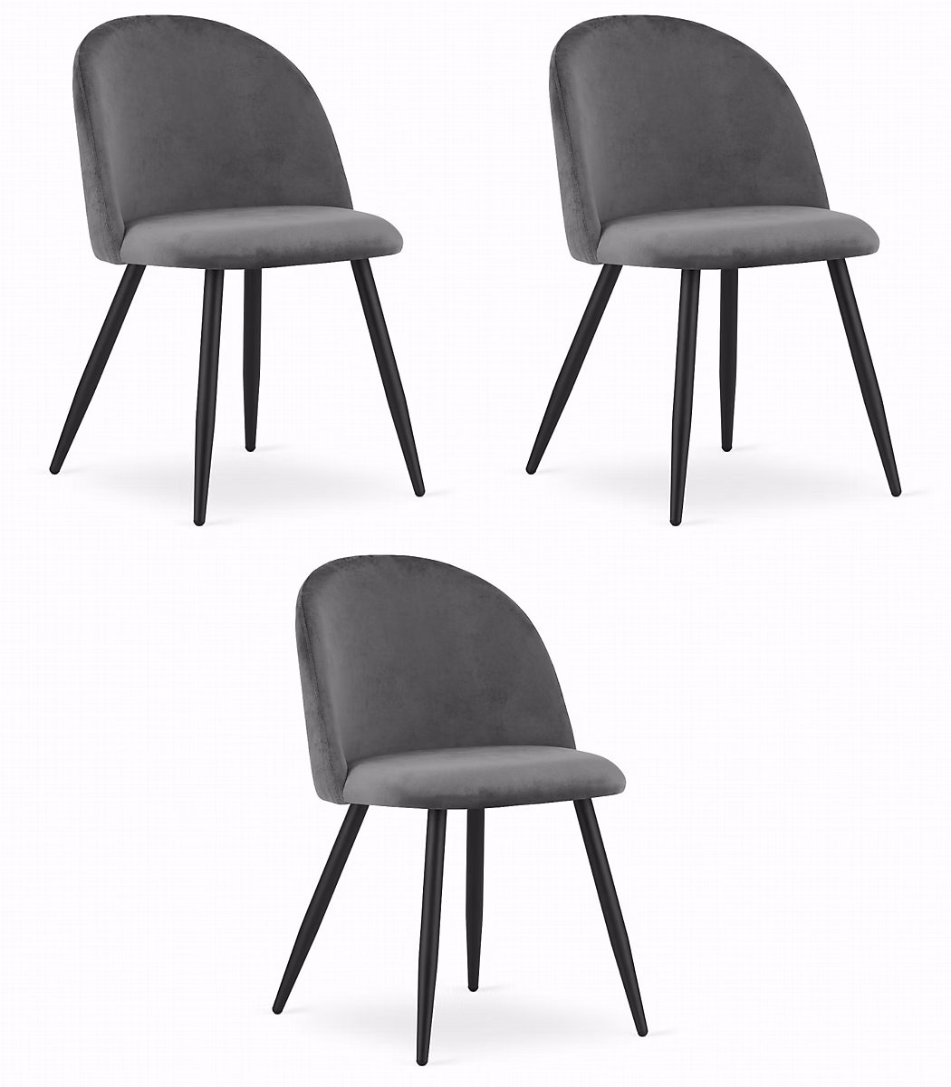 Ensemble de 3 chaises Valora BELLO en velours gris foncé avec pieds noirs – Réf. WGKNBFDYI2463528464