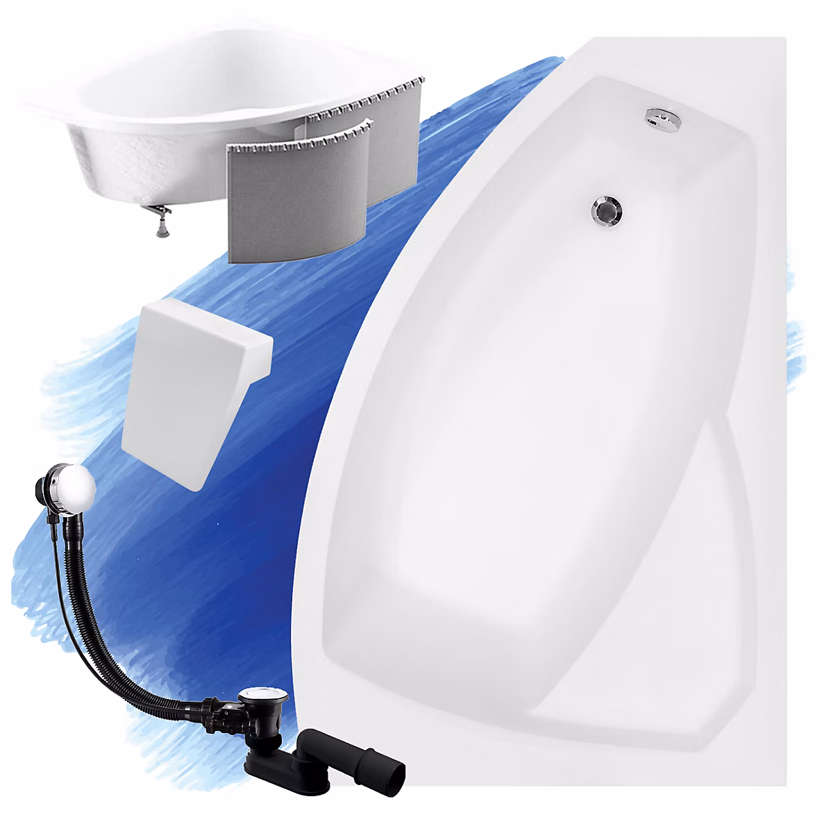 Baignoire asymétrique 160 x 100 Droite RIMA acrylique blanc + Habillage en polystyrène + Repose Tête + Pieds + Vidage à chromé | Baignoire