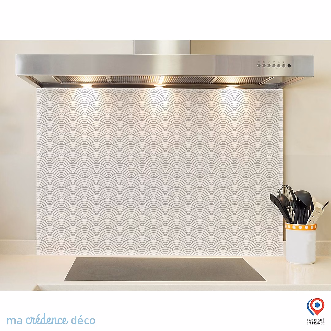 Crédence cuisine fond de hotte Cercles et japon – Verre trempé, L 90 cm x H 70 cm, MaCrédenceDéco