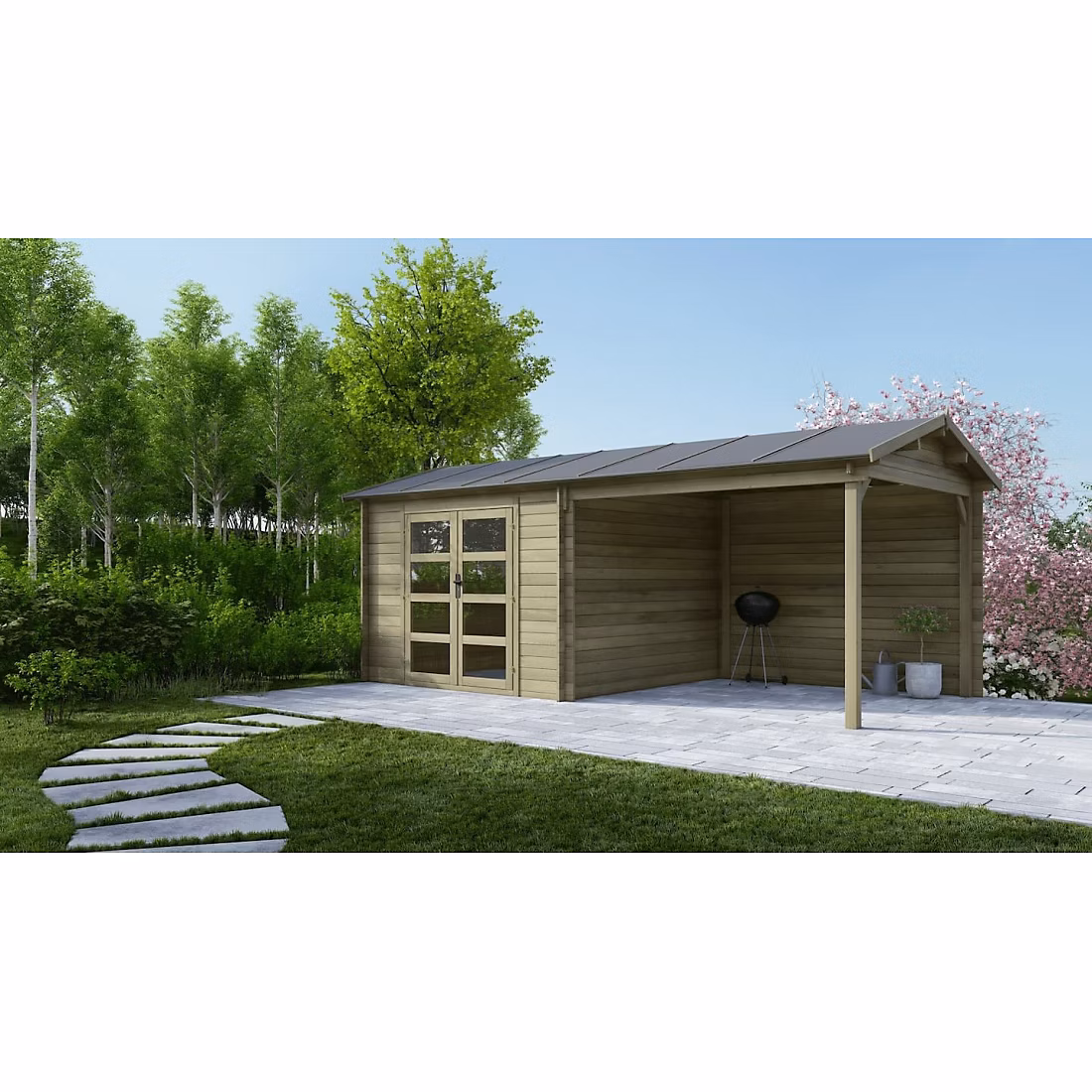 Abri de jardin en bois – 17.4m2, 5.79 × 3m, Traité, Ep. 28mm, Couleur: vert, DOM718