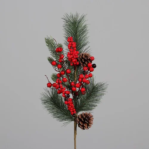 Branche artificielle de pin-sapin avec baies et cônes sur pique – 57 cm