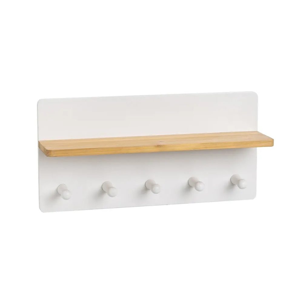 Étagère murale avec 5 crochets à accrocher au mur en bois de peuplier verni laqué blanc – Longueur 50 x Largeur 13 x Hauteur 25 cm