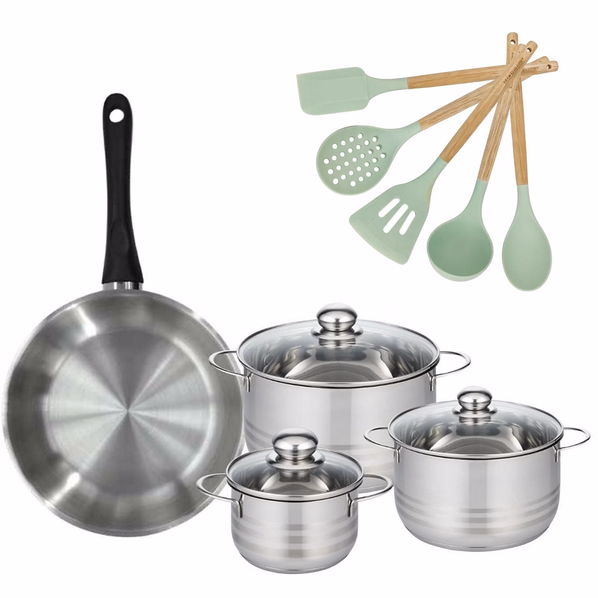 Matériel de cuisson – Batterie de cuisine avec 3 faitouts 16/20/24 cm et 1 poêle 28 cm avec 5 ustensiles de cuisine Fackelmann Généva Brillant Ocean