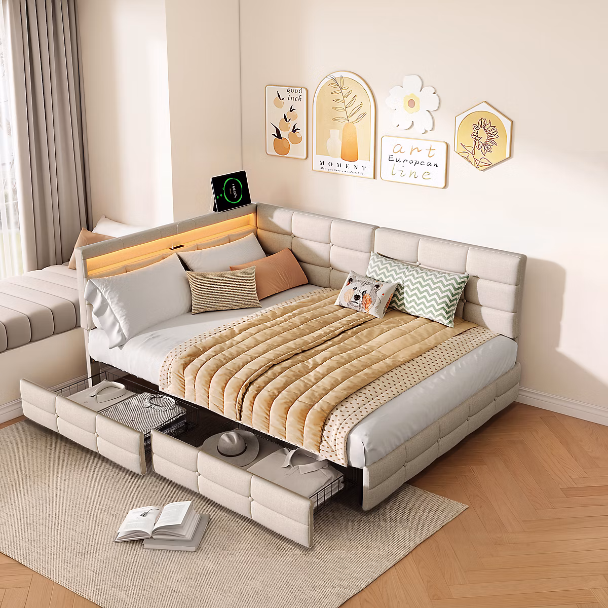 Canapé lit 140 × 190 cm avec Tête de Lit en L – lit enfant avec LED, Port USB et 2 Tiroirs, Tissu Beige et Design Moderne