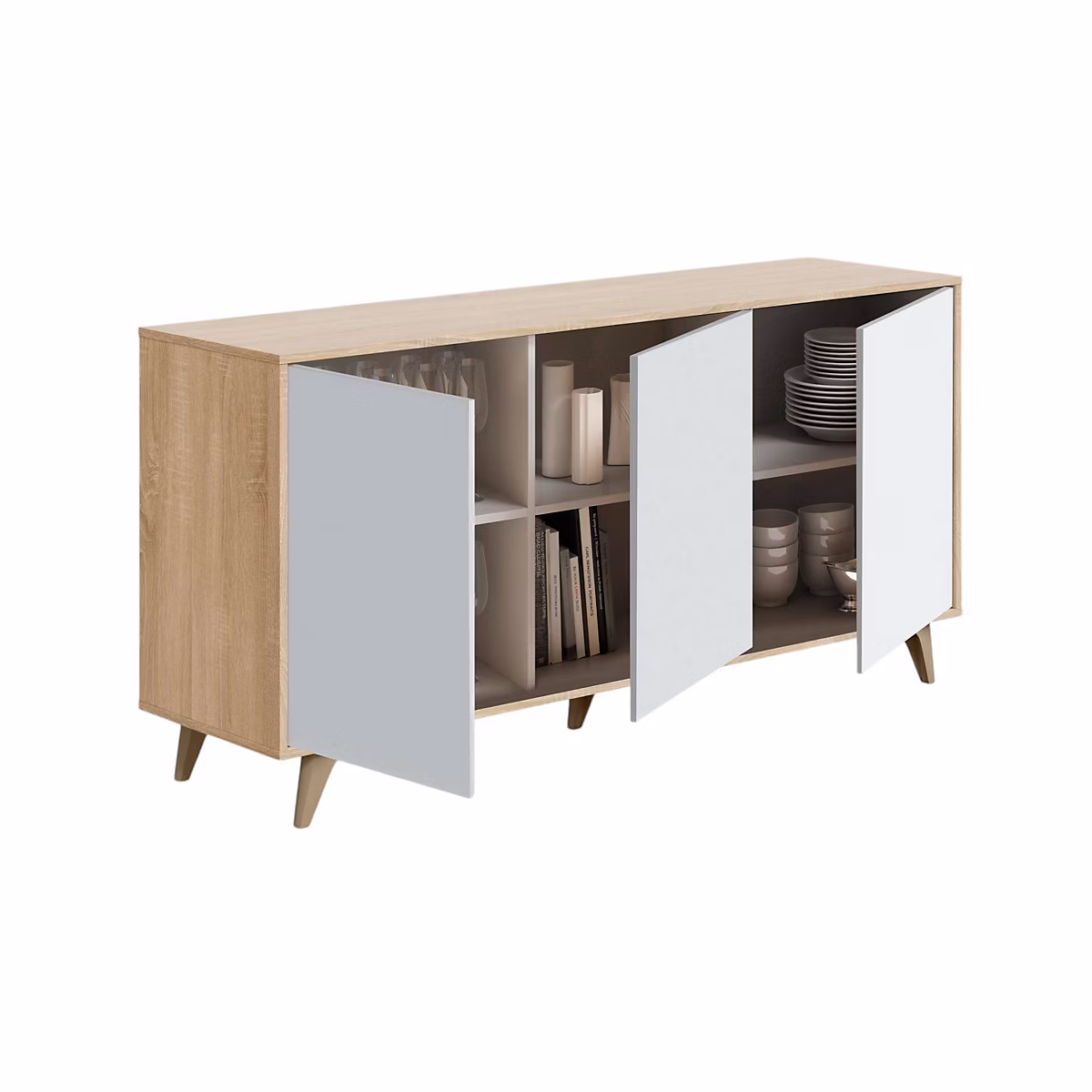 Buffet Arvada – Buffet de cuisine, Armoire design de salon, Buffet moderne avec 3 portes et étagères, 154 × 40h75 cm, Chêne et Blanc