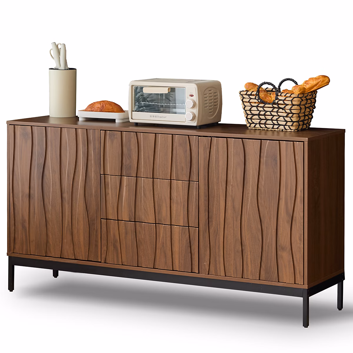 Buffet 150 Cm Veiné De Bois – 3 Tiroirs, Découpes Intégrées, Meuble Décoratif Moderne Pour Le Salon