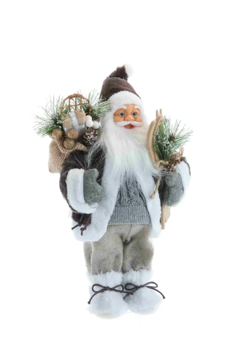 Père Noël en tissu brun/gris avec hotte de cadeaux et skis - 60 cm